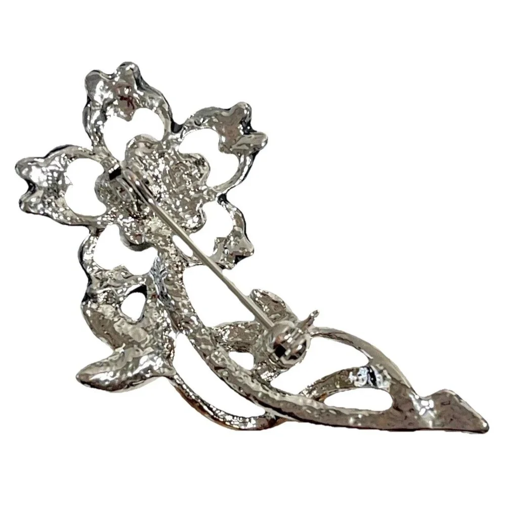 Enamel Rhinestone Flower Stem Pin Brooch Retro Floral Botanical Nature Jewelry